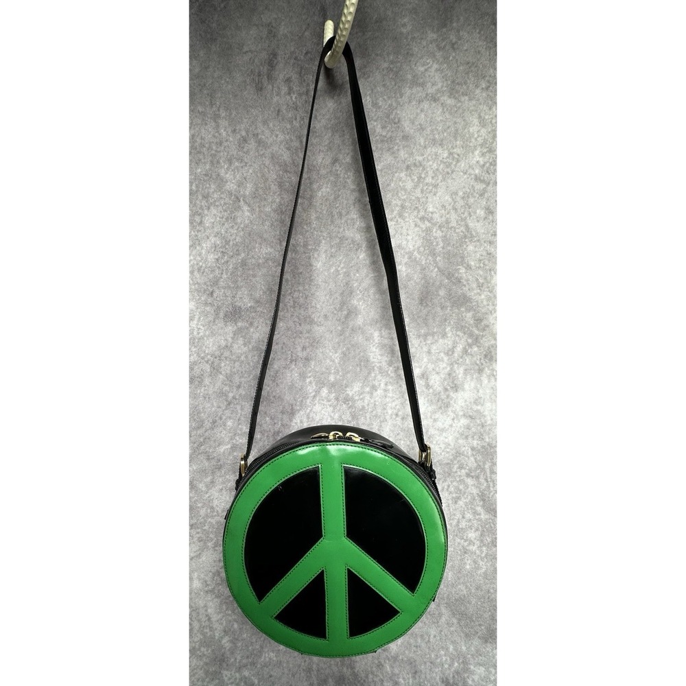 Rare VTG Moschino Bags Redwall Italy Peace Sign Round Purse Black Green Leather